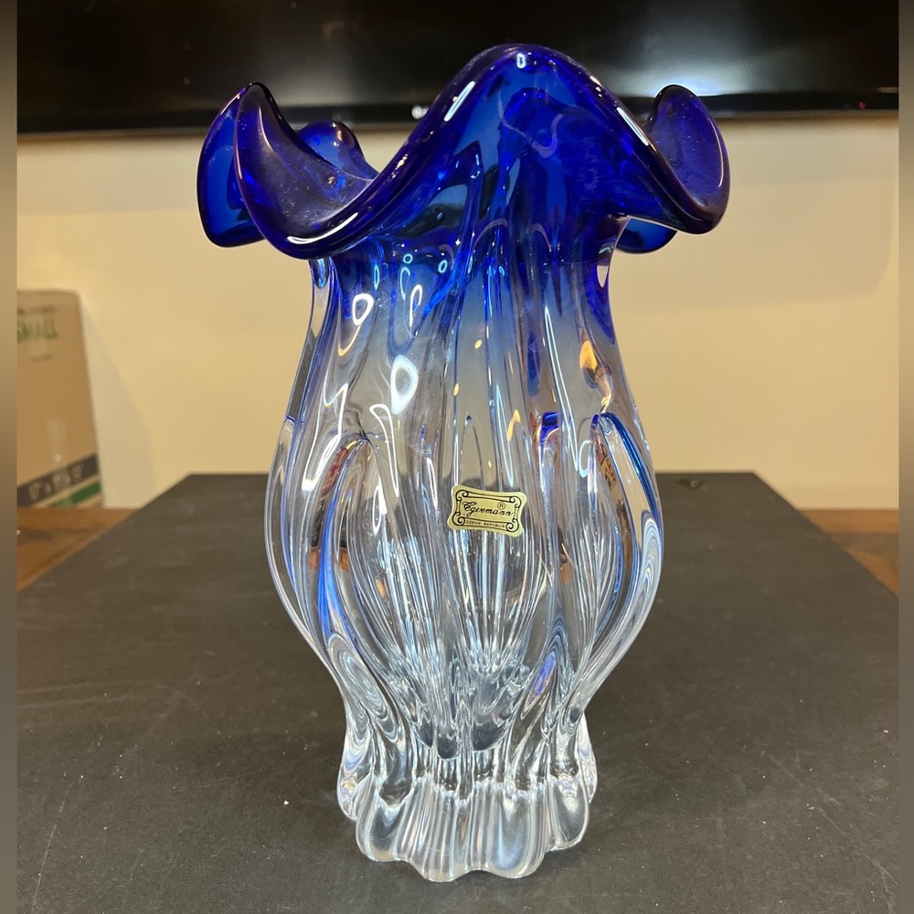 Hand blown Edgermann Czech Bohemian Vase Blue